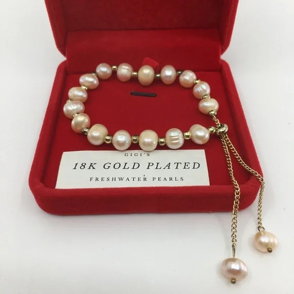 18k Gold Plated Freshwater Pearl Bracelet Anklet NEW in Original Box Adjustable - Picture 2 of 8